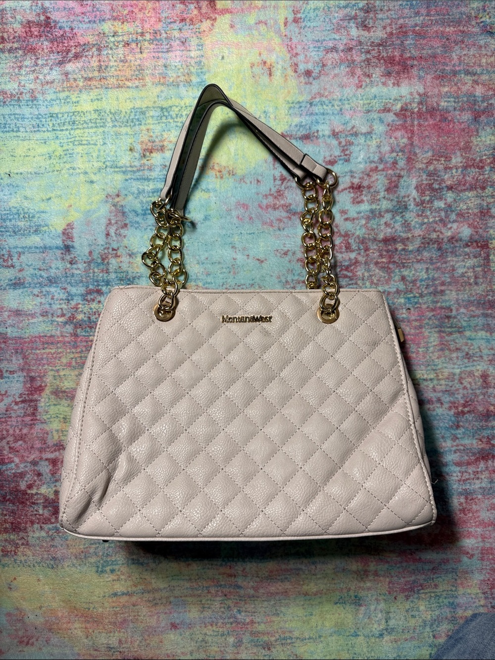 Montana West Quilted Shoulder Bag in Pale Pink with Gold Chain Handles